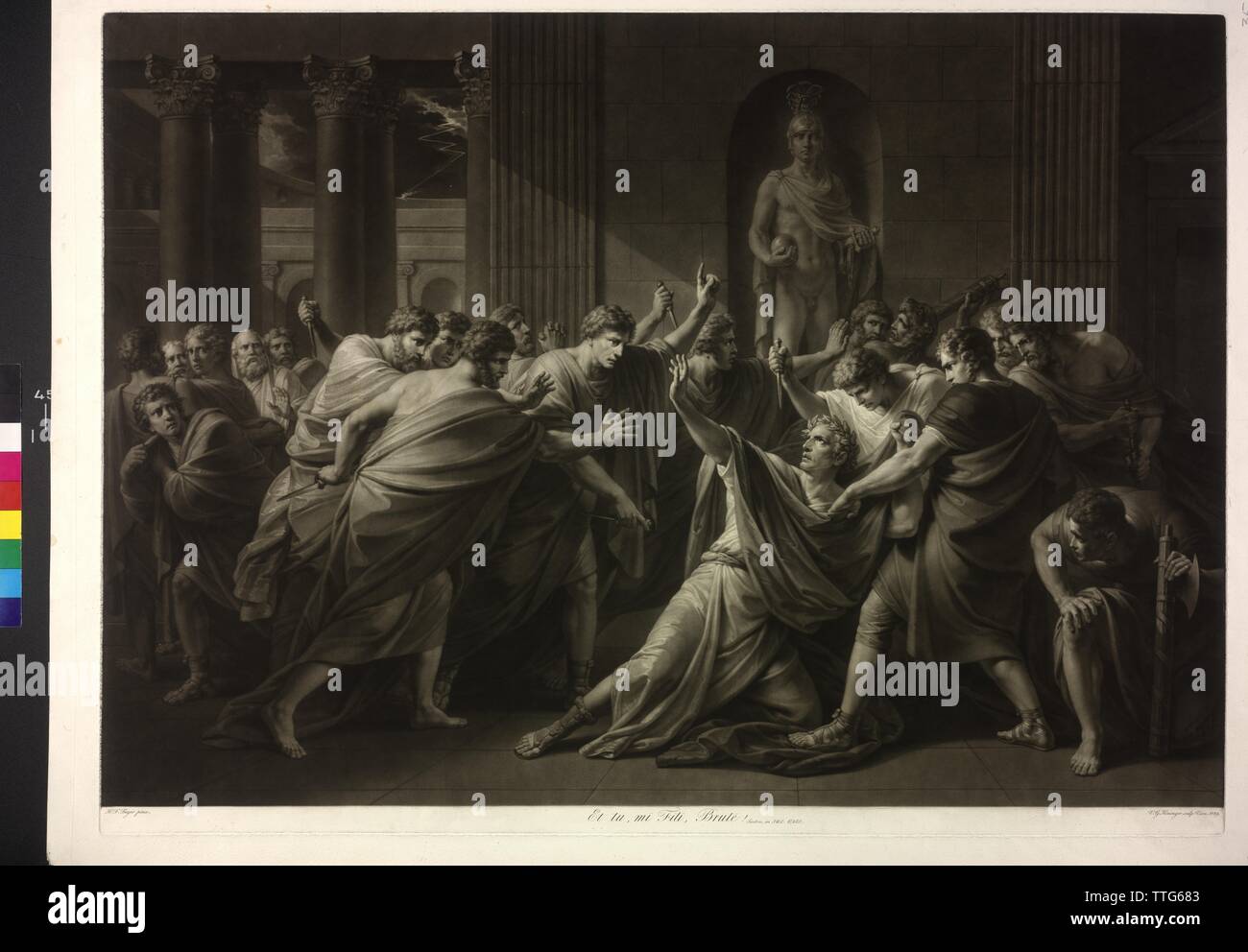 The murder Gaius Julius Caesar, mezzotint by Georg Vincenz Kininger 1829 based on painting by Henry Frederick Fueger, Additional-Rights-Clearance-Info-Not-Available Stock Photo