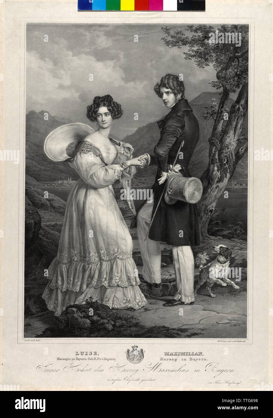 Maximilian, duke in Bavaria and his wife Louisa, The couple in the outside, together with a dog, The Tegernsee with the eponymous village, lithograph by Franz Seraph Hanfstaengl based on a painting by Joseph Charles Stieler. coat of arms. China, Additional-Rights-Clearance-Info-Not-Available Stock Photo