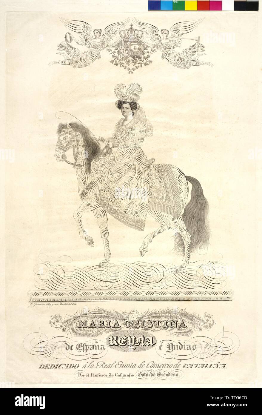 Maria Christine, princess of the Two Sicilies, equestrian image. calligraphic moulding sheet. copper engraving / etching based on own drawing by Gotardo Grondona. coat of arms, Additional-Rights-Clearance-Info-Not-Available Stock Photo