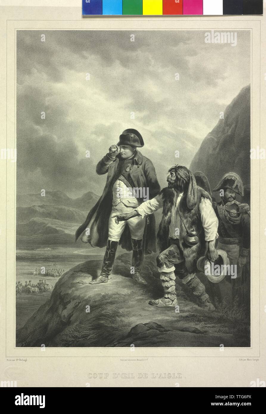 Napoleon I Bonaparte, Emperor of the French with telescope, lithograph by Louis Marin-Lavigne based on a painting by Hippolyte Bellange, Additional-Rights-Clearance-Info-Not-Available Stock Photo