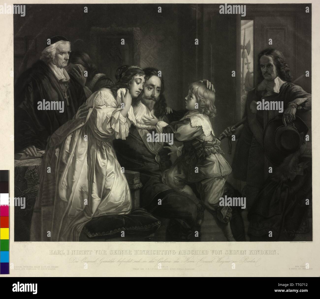 Charles I, King of England say goodbye to his family before his execution. mezzotint by Hermann Droehmer based on a painting by Julius Schrader, signed and dated 1855. publishing house of the C. G. Luederitz' art publishing company, Berlin, Additional-Rights-Clearance-Info-Not-Available Stock Photo