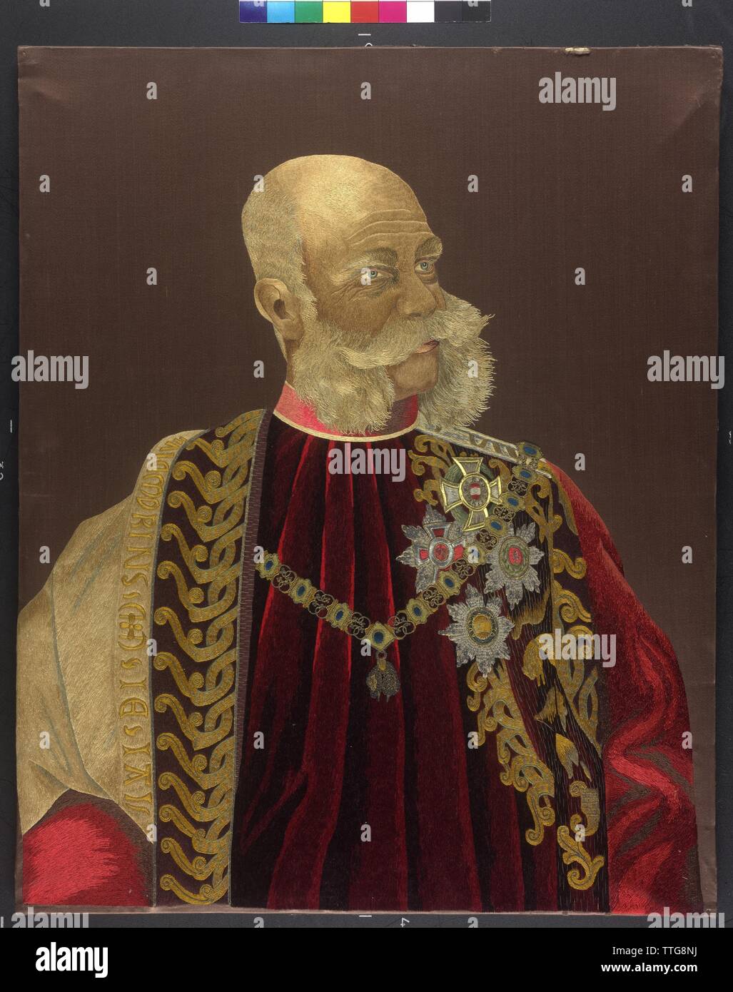 Franz Joseph I, Emperor of Austria, picture in the ceremonial coat of the grandmaster of the Order (Toison-Ornat) of The Golden Fleece. silk embroidery, Additional-Rights-Clearance-Info-Not-Available Stock Photo