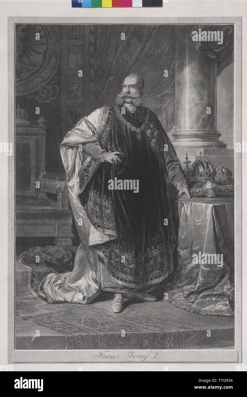Franz Joseph I in the fleece robe, whole figure standing, half left, in the habiliments of the head and sovereign of the Austrian Order of The Golden Fleece, next to himselves Austrian and Hungarian crown. wood engraving by Wilhelm Hecht based on painting by Henry von Angeli, Additional-Rights-Clearance-Info-Not-Available Stock Photo