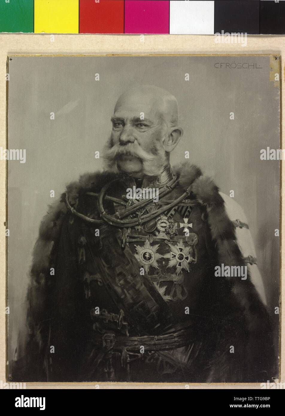 Franz Joseph I, Emperor of Austria, picture in full dress uniform of an Imperial and Royal field marshal in Hungarian adjustment. photo reproduction based on a painting by Carl Froeschl, Additional-Rights-Clearance-Info-Not-Available Stock Photo