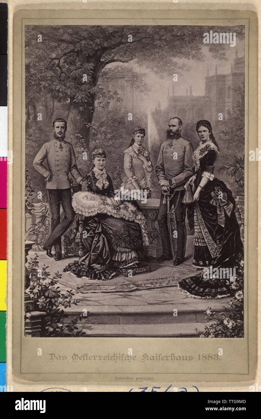 Franz Joseph I, Emperor of Austria with family, family image: Franz Joseph in crusade uniform of an Imperial and Royal field marshal in German adjustment and Elisabeth, standing archduchess Marie Valerie, crown prince Rudolf with Stephanie with Elisabeth Marie in the poor man. composite photograph. title: ' Das Oesterreichische Kaiserhaus 1883', Additional-Rights-Clearance-Info-Not-Available Stock Photo