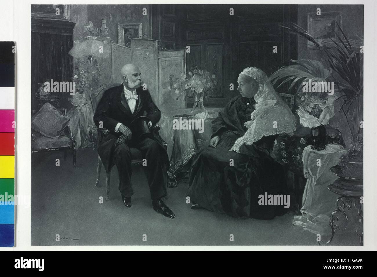 Emperor Franz Joseph and Queen Victoria, meeting in the Hotel du Cimiez of Nice, March 1897. reproduction alternative for lost heliography, Additional-Rights-Clearance-Info-Not-Available Stock Photo
