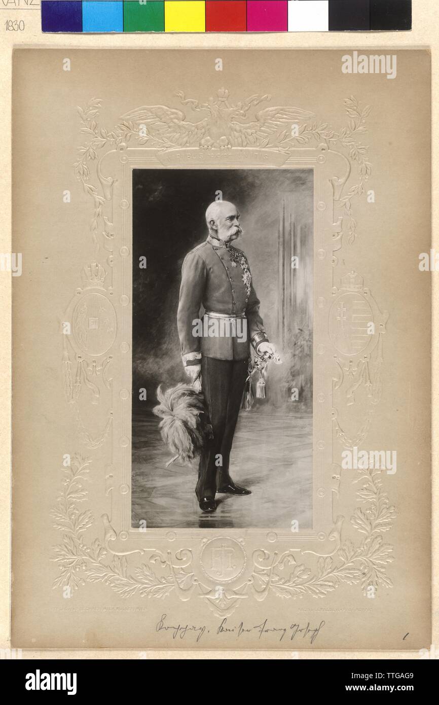 Franz Joseph I, Emperor of Austria, picture in dress regimentals of an Imperial and Royal field marshal in German adjustment. photo reproduction on textured cardboard based on a painting by J. A. Koppay (1898), blind stamp of the publishing house 'R. Lechner (Wilh. Mueller) Wien', Additional-Rights-Clearance-Info-Not-Available Stock Photo