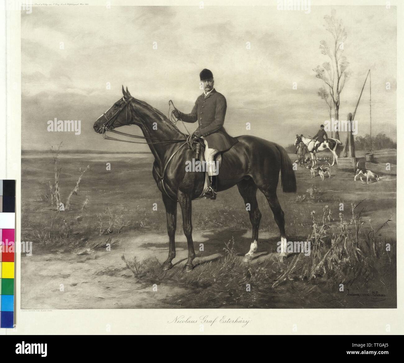 Nicolaus count Esterhazy, equestrian image in Puszta landscape. heliography based on a painting by Julius knight von Blaas, Additional-Rights-Clearance-Info-Not-Available Stock Photo