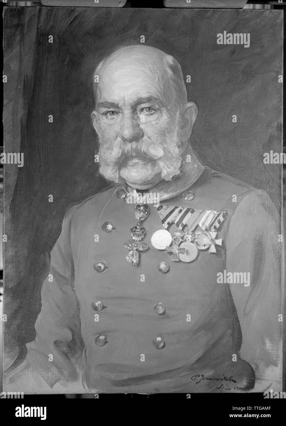 Franz Joseph I, Emperor of Austria, picture in crusade uniform of an Imperial and Royal field marshal in German adjustment. reproduction based on a painting by Paul Joanovich, signed and dated 1900, Additional-Rights-Clearance-Info-Not-Available Stock Photo