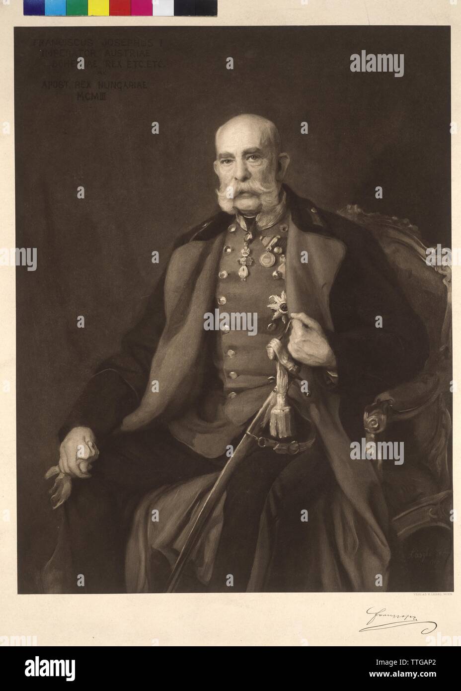 Franz Joseph I, Emperor of Austria, nearly whole figure, sitting, in German field marshal's uniform with open cloak, with a Faksimile of the signature heliography based on painting by Philipp Alexius von Laszlo 1903, in the painting signed, Additional-Rights-Clearance-Info-Not-Available Stock Photo