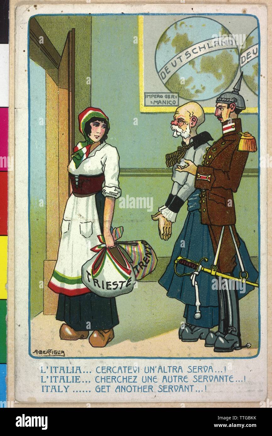 caricature of Franz Joseph I, Emperor of Austria and Emperor Wilhelm II, a Italian maid, a allegory of Trieste and Trentino, turning away from Wilhelm II and Franz Joseph I (in pleading gesture). postcard with refugee propaganda in the ocassion of the territorial claims Italy on the Trentino to inception of the first world war, Additional-Rights-Clearance-Info-Not-Available Stock Photo