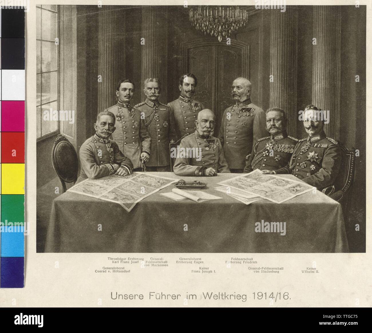 Franz Joseph I, Emperor of Austria and Emperor Wilhelm II with general staff, Franz Joseph and Wilhelm II with the general staff at card table. legend with title 'Unsere Fuehrer im Weltkrieg 1914 / 16' and mention of persons, Additional-Rights-Clearance-Info-Not-Available Stock Photo