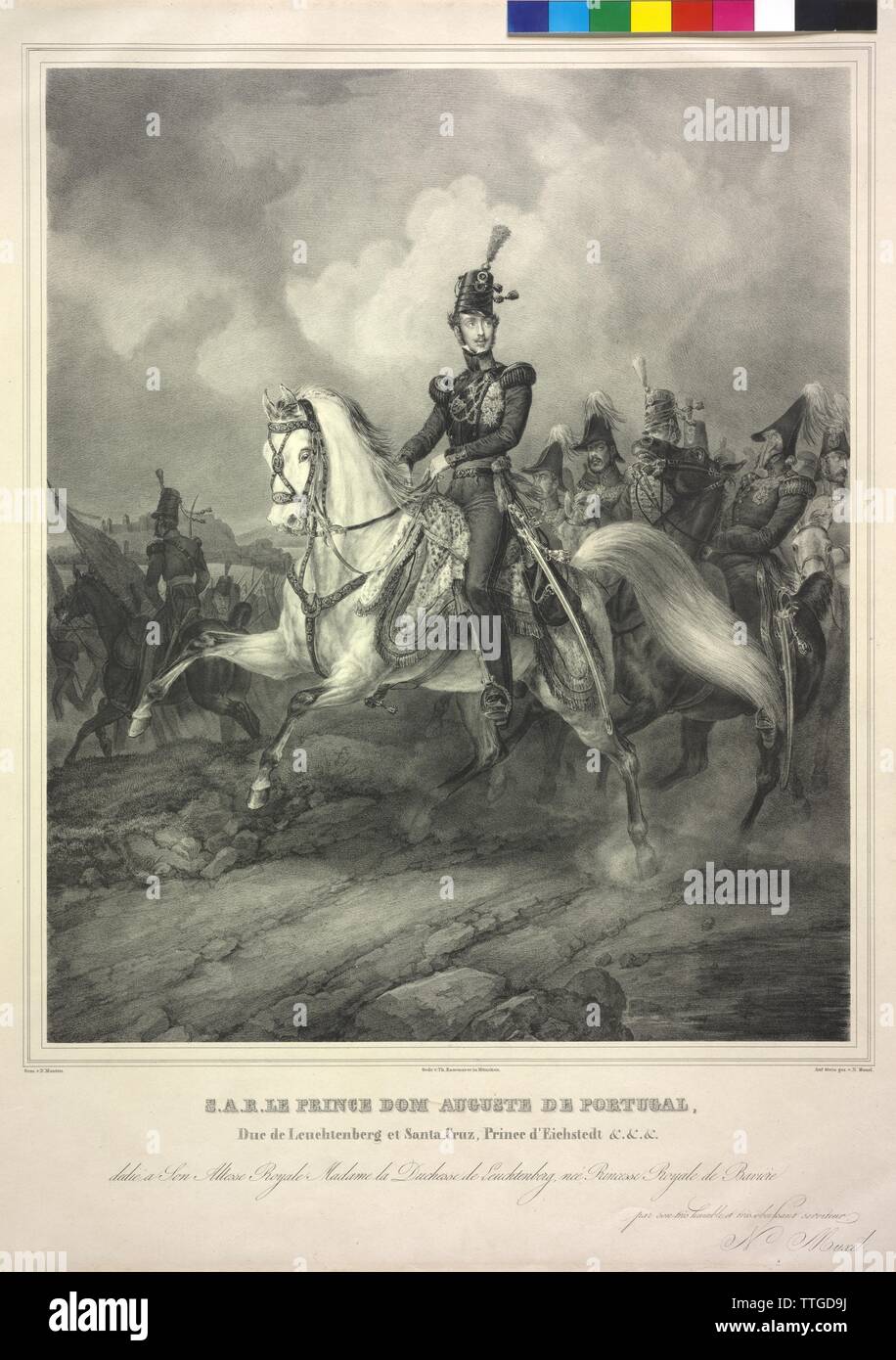 Leuchtenberg, August Duke of, equestrian image in uniform with suite, lithograph by Johann Nepomuk Muxel based on a painting by Dietrich Monts, Additional-Rights-Clearance-Info-Not-Available Stock Photo