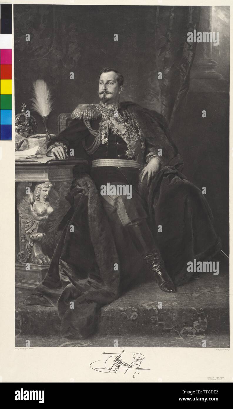 Ferdinand I, King of Bulgaria, painting by Gyula Benczur, portrayed in a Photogravure J. Loewy. reproduced signature, Additional-Rights-Clearance-Info-Not-Available Stock Photo