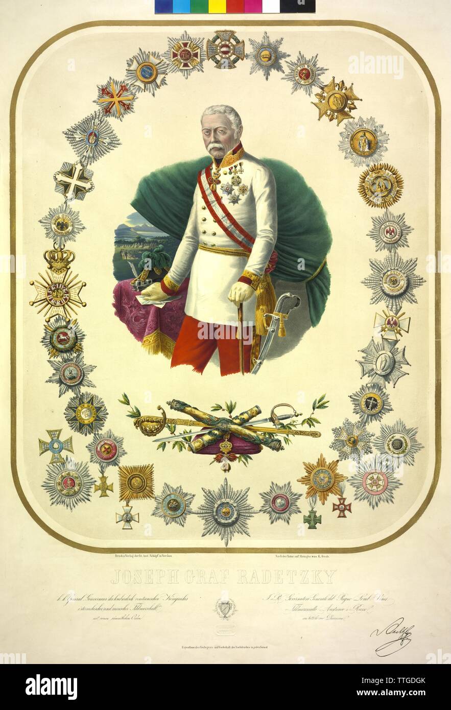 Joseph count Radetzky, picture surround with his medals and awards. coloured lithograph by Konrad Grob. coat of arms. facsimile of the signature, service description and declaration of the Order page Pg III / 7 / 46a, Additional-Rights-Clearance-Info-Not-Available Stock Photo