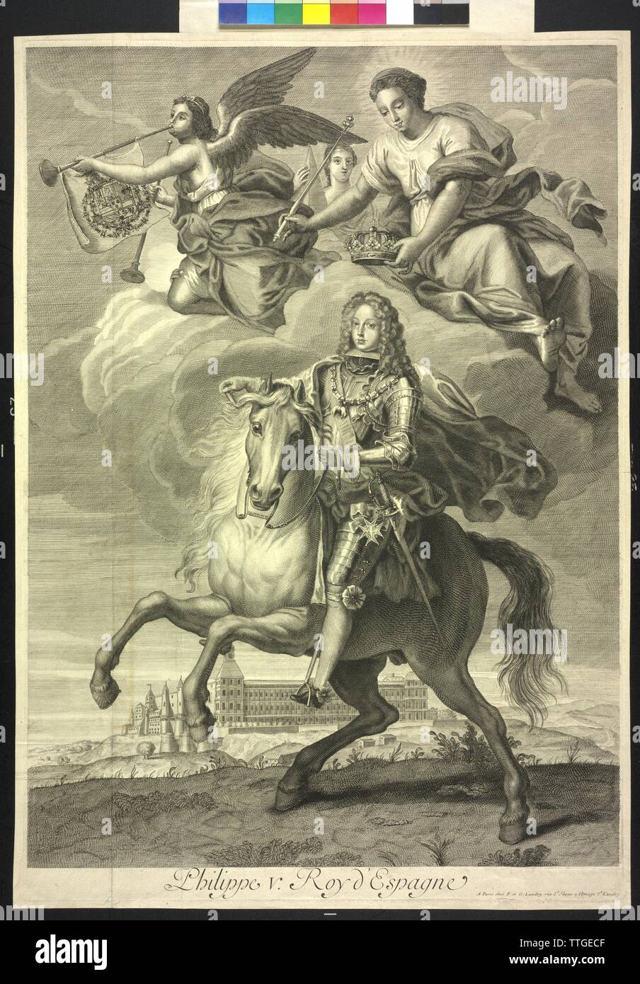 Philipp V, King of Spain, equestrian image. copper engraving, Additional-Rights-Clearance-Info-Not-Available Stock Photo