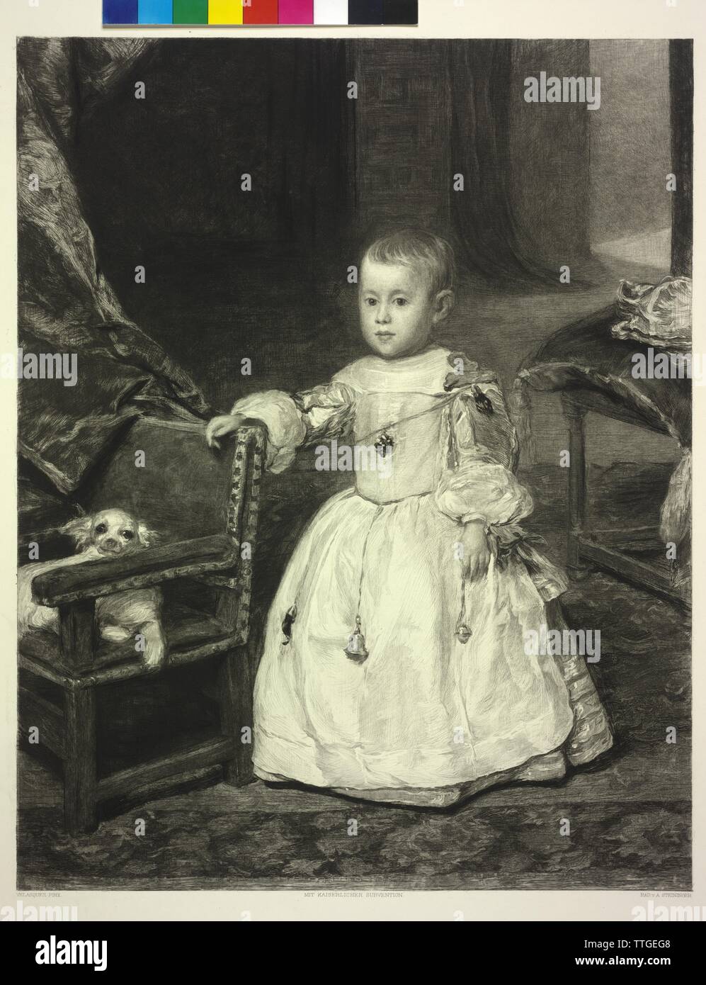 Philipp Prosper, Infante of Spain, children image. etching by August Steininger based on a painting by Diego Velazquez, Additional-Rights-Clearance-Info-Not-Available Stock Photo