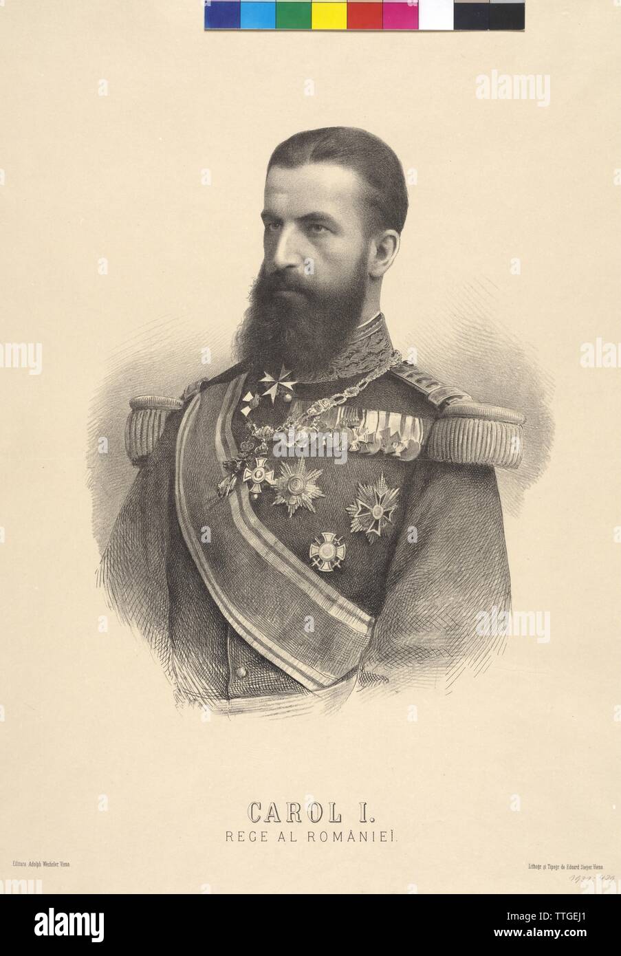 Charles I, King of Romania, lithograph by Eduard Sieger, Additional-Rights-Clearance-Info-Not-Available Stock Photo
