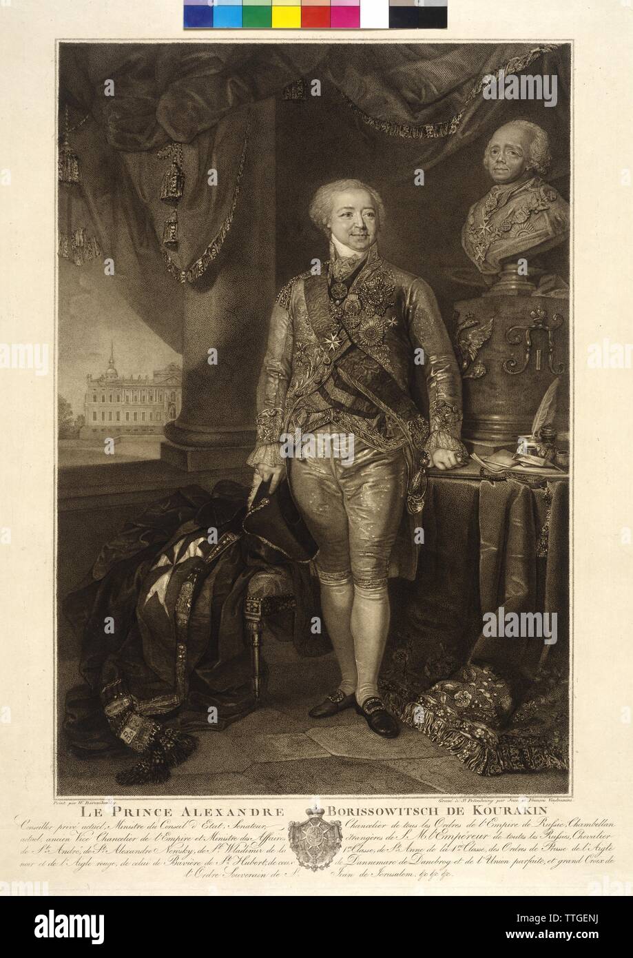 Kurakin, Aleksandr Borisovic, on the right a bust of Paul I, Emperor of Russia. etching / stippling by Giovanni and Francesco Vendramini based on a painting by Vladimir Lukic Borovykovsky, coat of arms, Additional-Rights-Clearance-Info-Not-Available Stock Photo