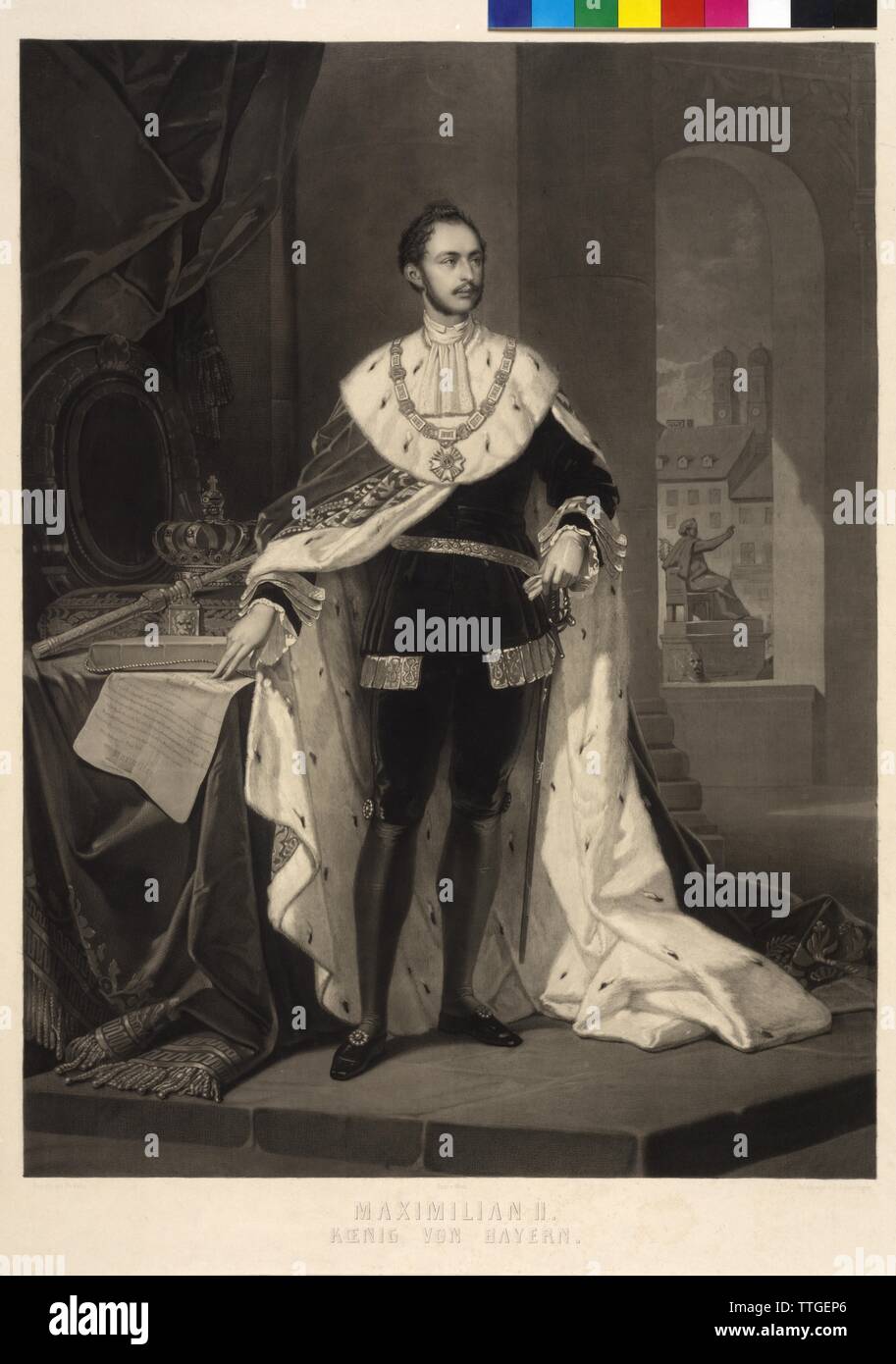 Maximilian II King of Bavaria, Ink wash electroplating by Leo Schoeninger based on a painting by Philipp von Foltz, Additional-Rights-Clearance-Info-Not-Available Stock Photo