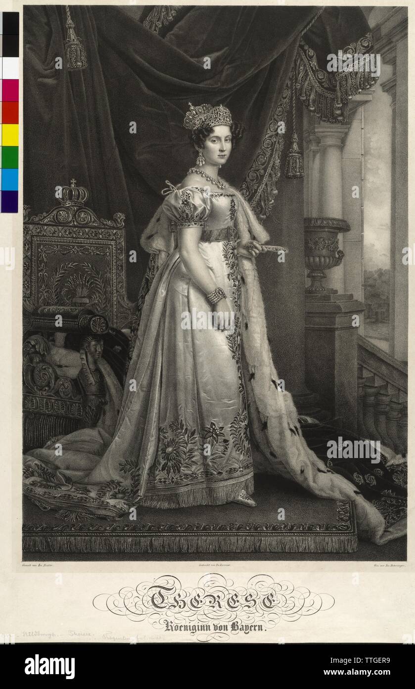 Therese Queen of Bavaria, lithograph by Jos. Behringer based on a painting by Joseph Karl Stieler, Additional-Rights-Clearance-Info-Not-Available Stock Photo