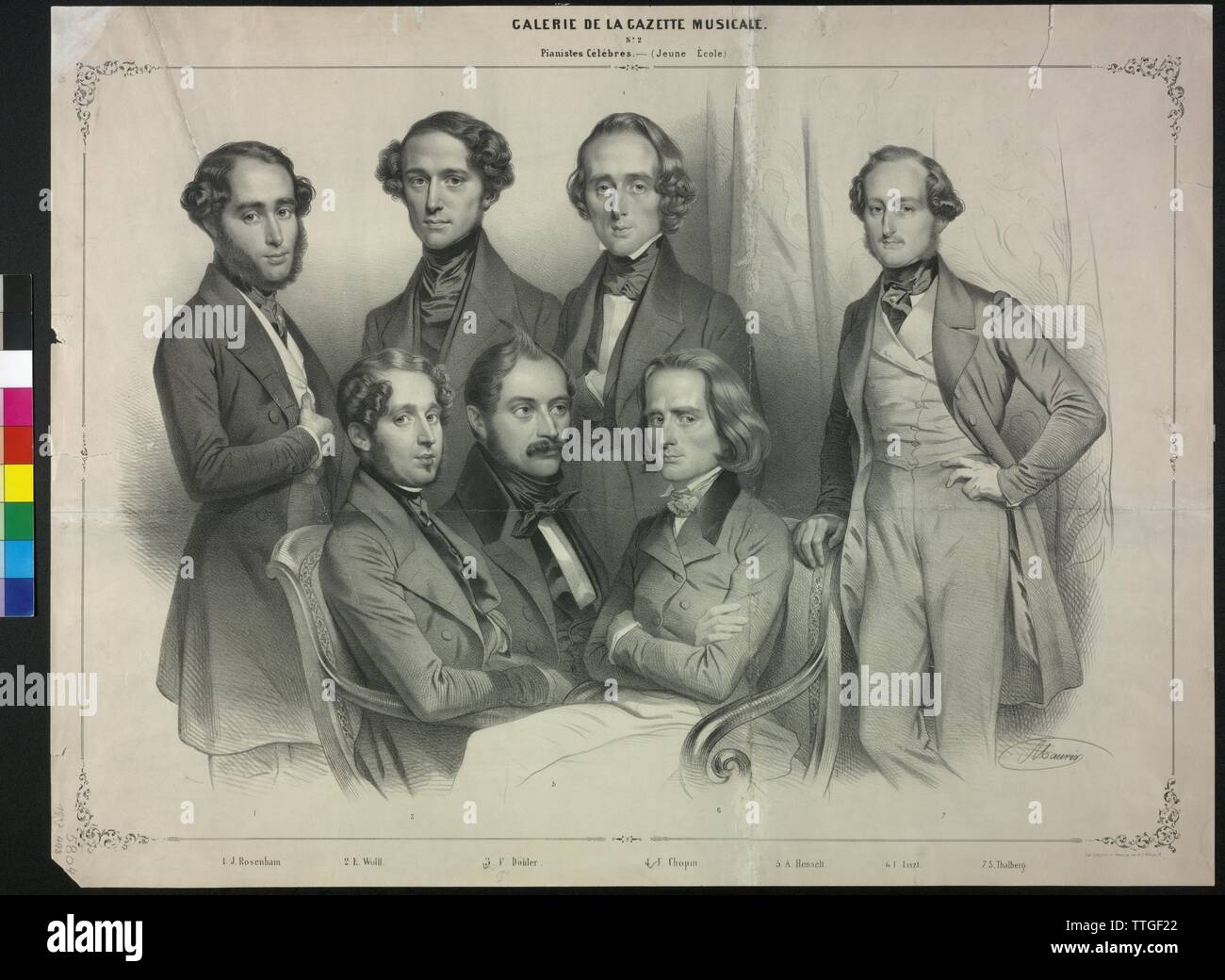 famous pianists, group picture, lithograph by Antoine Maurin, Additional-Rights-Clearance-Info-Not-Available Stock Photo