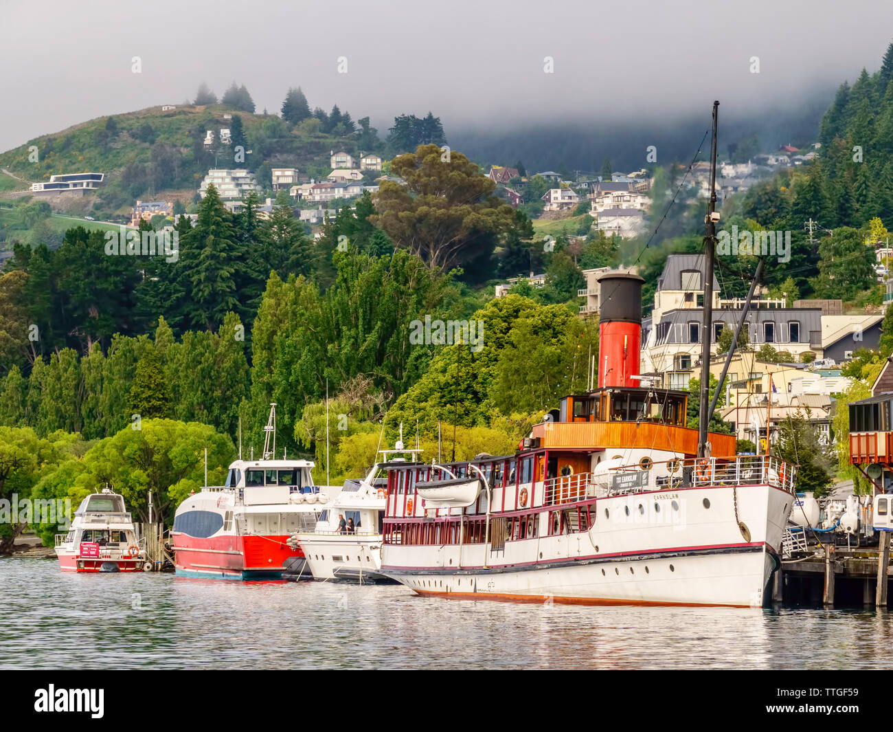 Vintage steamship TSS Earnslaw docked in Queenstown, New Zealand Stock Photo