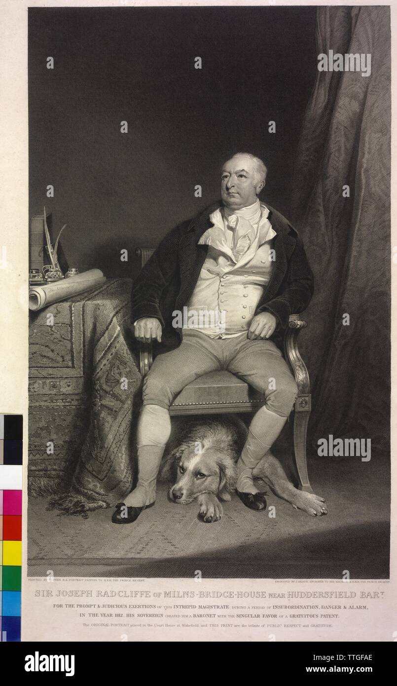 Pickford, 1st baronet Radcliffe, Sir Joseph, picture together with his dog. copper engraving / etching by James Heath based on a painting by William Obwalds, Additional-Rights-Clearance-Info-Not-Available Stock Photo