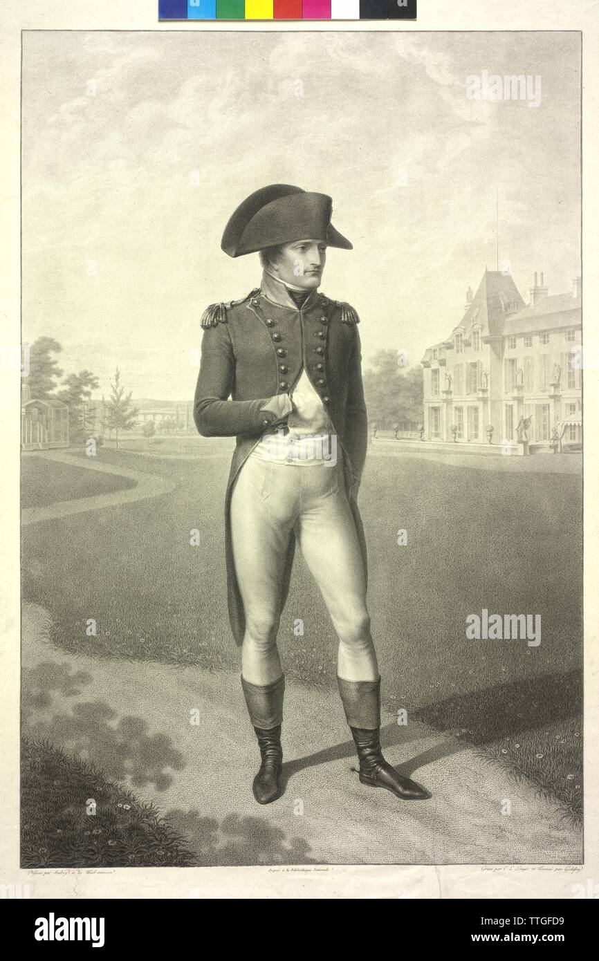 Napoleon I Bonaparte, Emperor of the French in the garden of the Malmaison Castle, stipple engraving / etching by Charles Louis Lingee and Jean Godefroy based on a drawing by Jean Baptiste Isabey, Additional-Rights-Clearance-Info-Not-Available Stock Photo