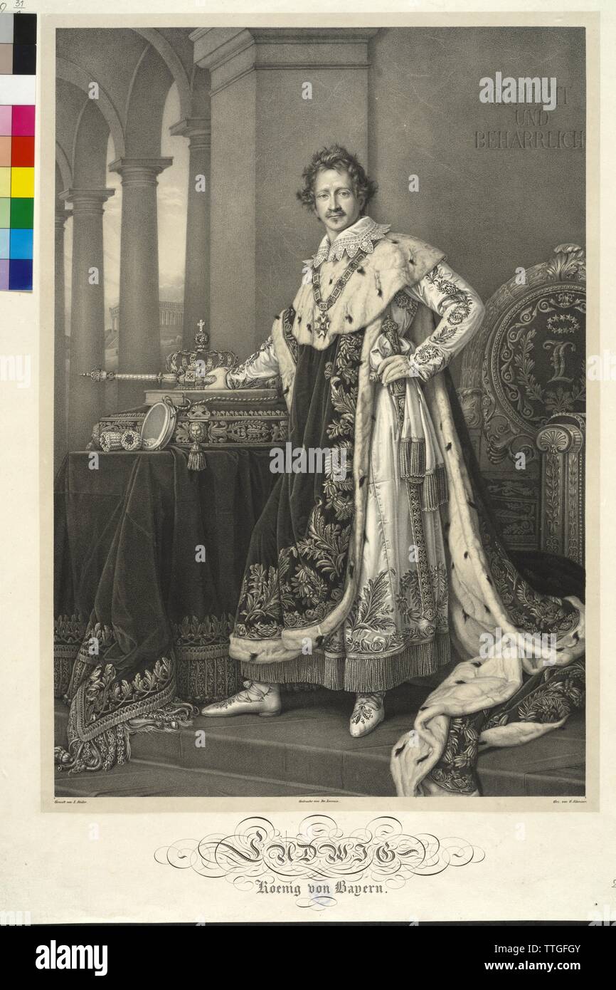 Louis - King of Bavaria, lithograph by Johann George Schreiner based on a painting by Joseph Karl Stieler, Additional-Rights-Clearance-Info-Not-Available Stock Photo