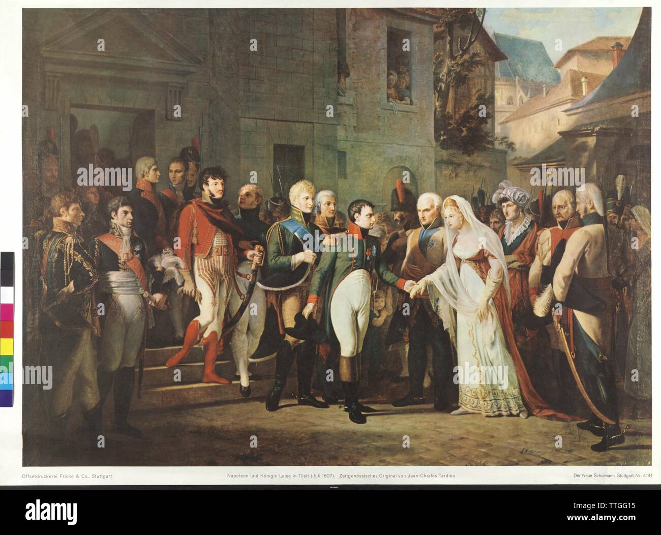 Napoleon and Queen Louisa in Sovetsk (July 1807), contemporary original by Jean-Charles Tardieu, painting by Charles Tardieu, portrayed in a colour printing, Additional-Rights-Clearance-Info-Not-Available Stock Photo