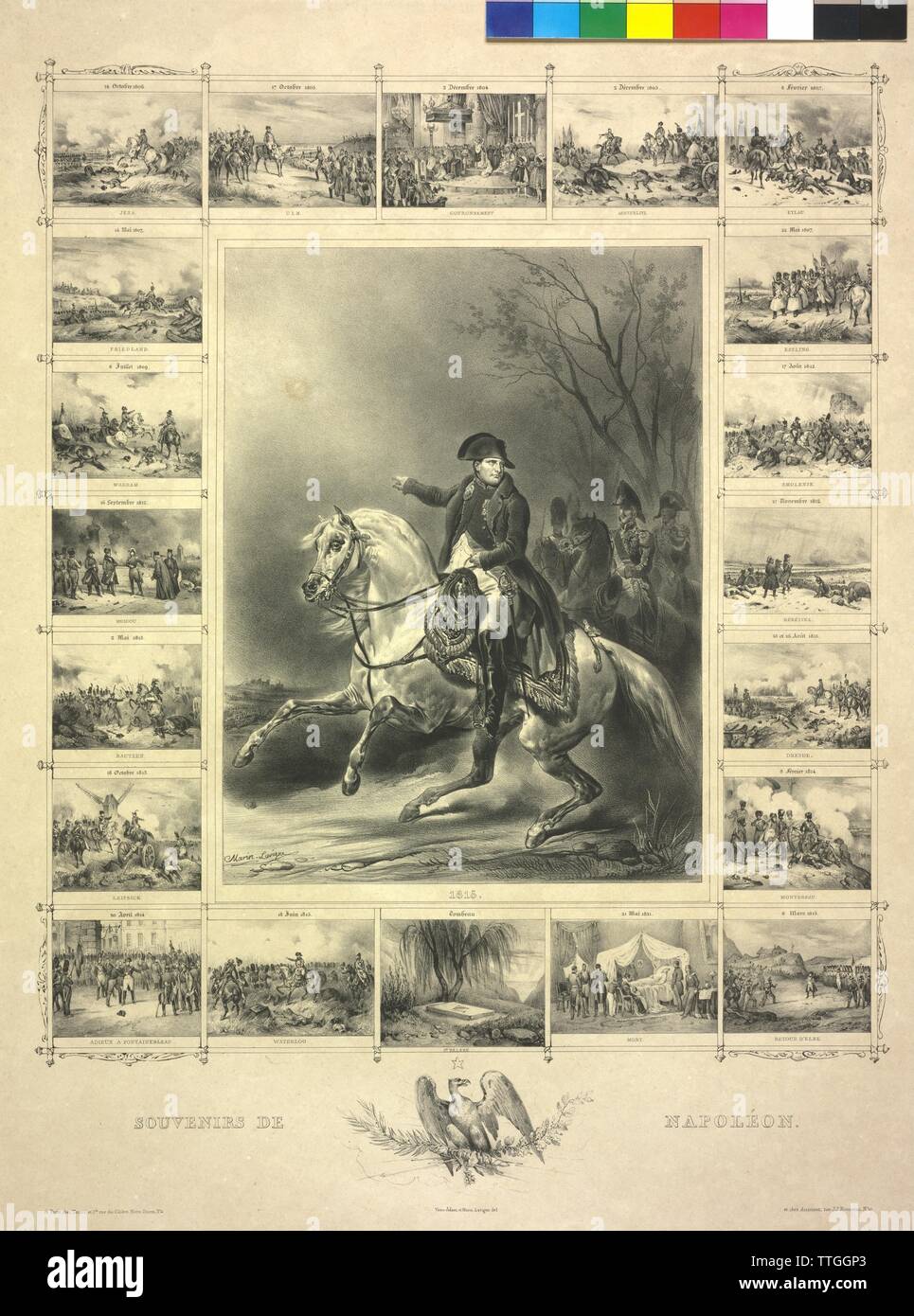 Napoleon I Bonaparte, Emperor of the French, equestrian image, surrounded from 20 small images with episode from the emperor's life, lithograph by Lemercier based on drawings by Victor Vincent Adam and Louis Marin-Lavigne, Additional-Rights-Clearance-Info-Not-Available Stock Photo