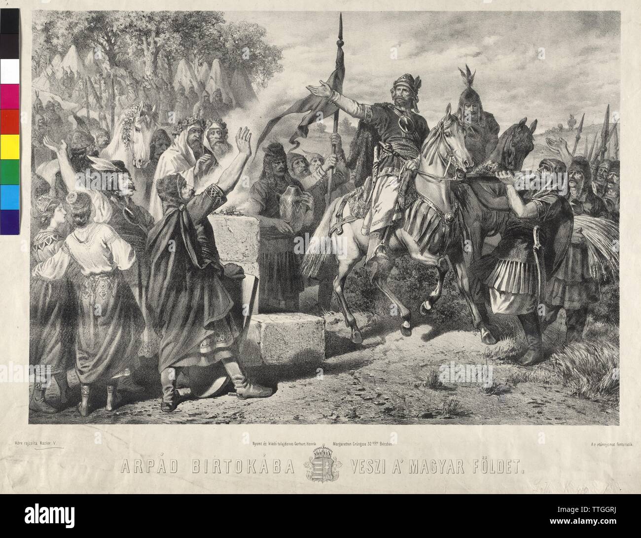 prince Arpad taking von the Hungarian earth possession, lithograph by Vinzenz Katzler. coat of arms, Additional-Rights-Clearance-Info-Not-Available Stock Photo
