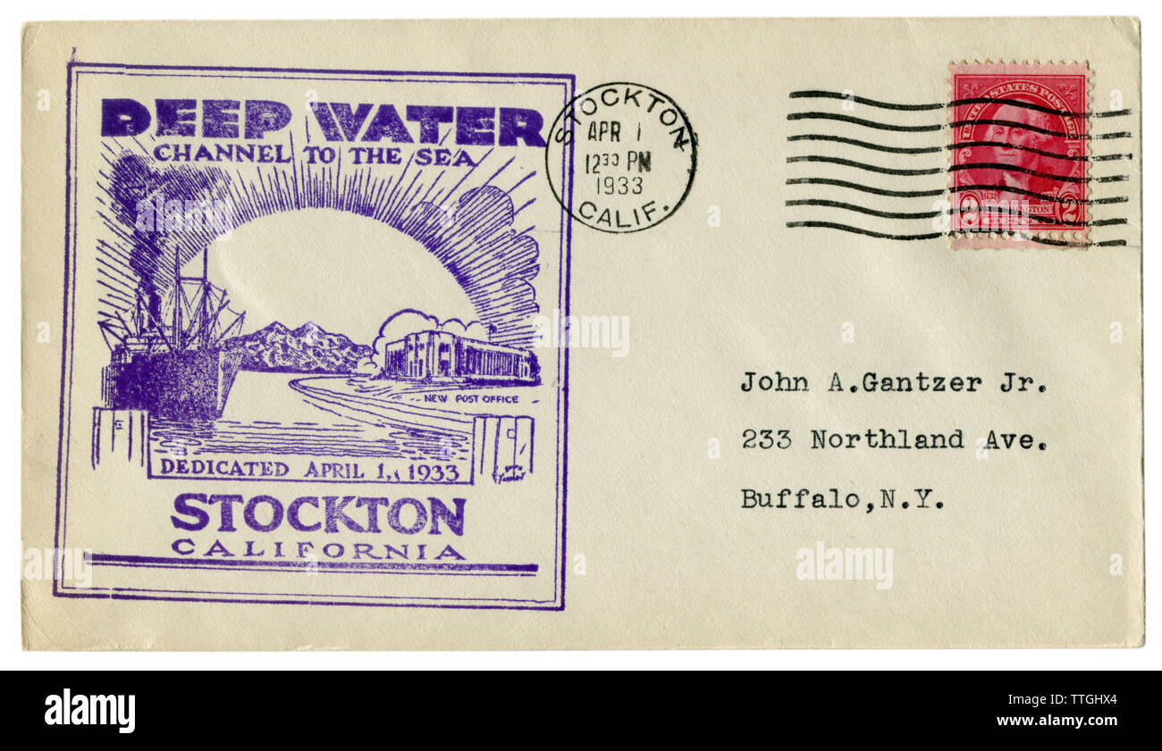 Stockton, California, The USA  - 1 April 1933: US historical envelope: cover with cachet Deep water channel to the sea,  George Washington stamp Stock Photo