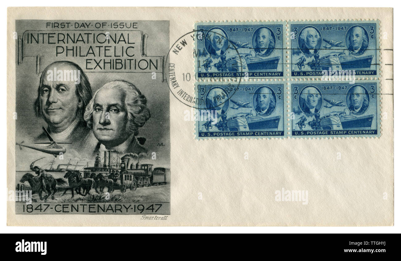 New-York, The USA  - 17 May 1947: US historical envelope: cover with cachet International philatelic exhibition, centenary 1847-1947 stamps, fdc Stock Photo