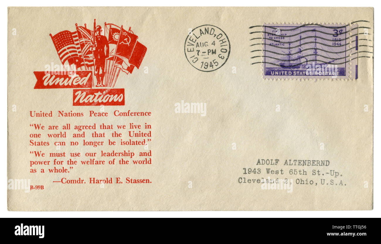 Cleveland, Ohio, The USA  - 4 August 1945: US historical envelope: cover with cachet United Nations Peace Conference, the flags of the allied powers Stock Photo