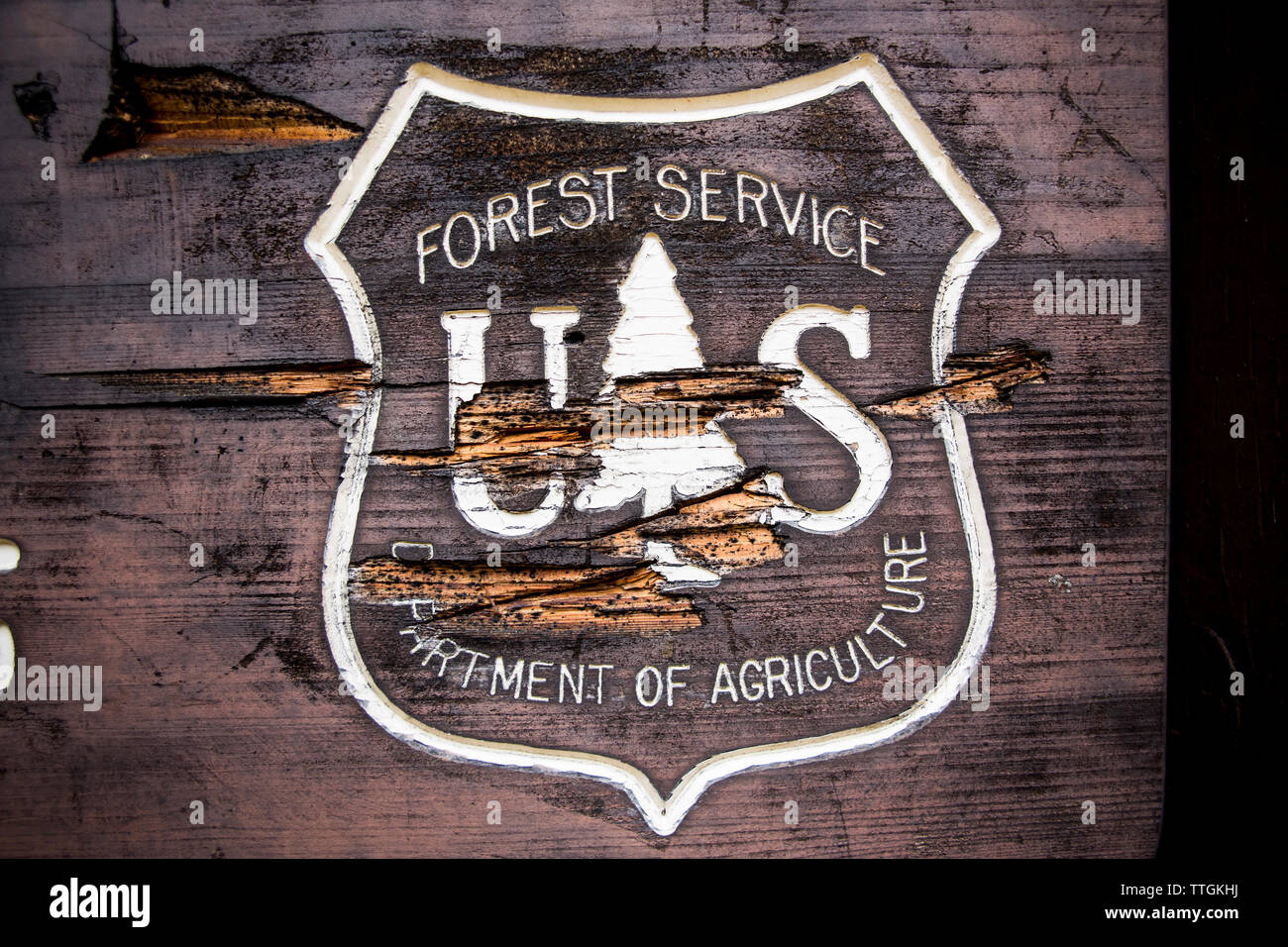 A US Forest Service logo is vandalized at a trail head in Idaho. Stock Photo