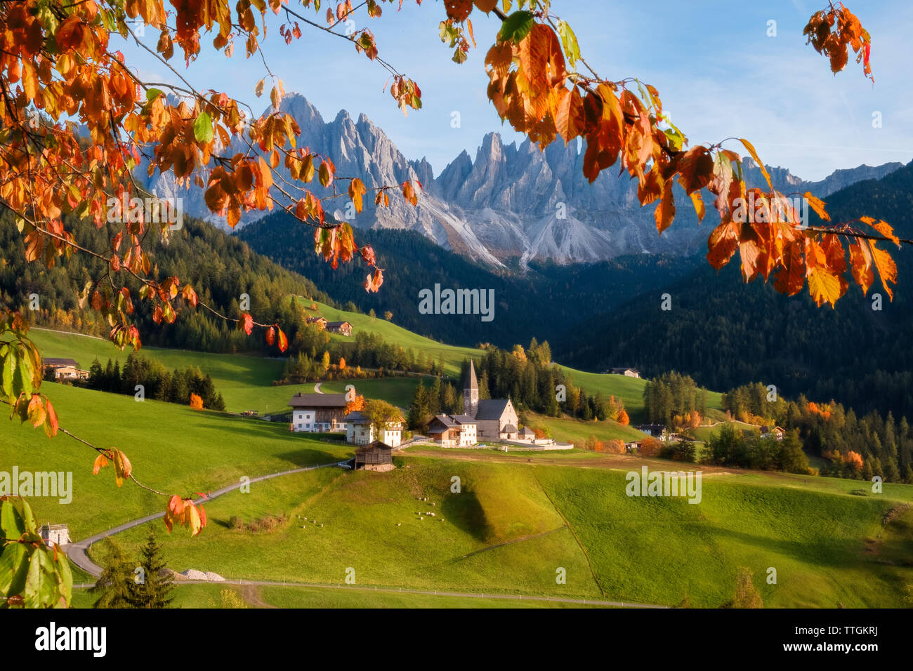 Countryside sunny autumn view of the St. Magdalena, Santa Maddalena in the National Park Puez