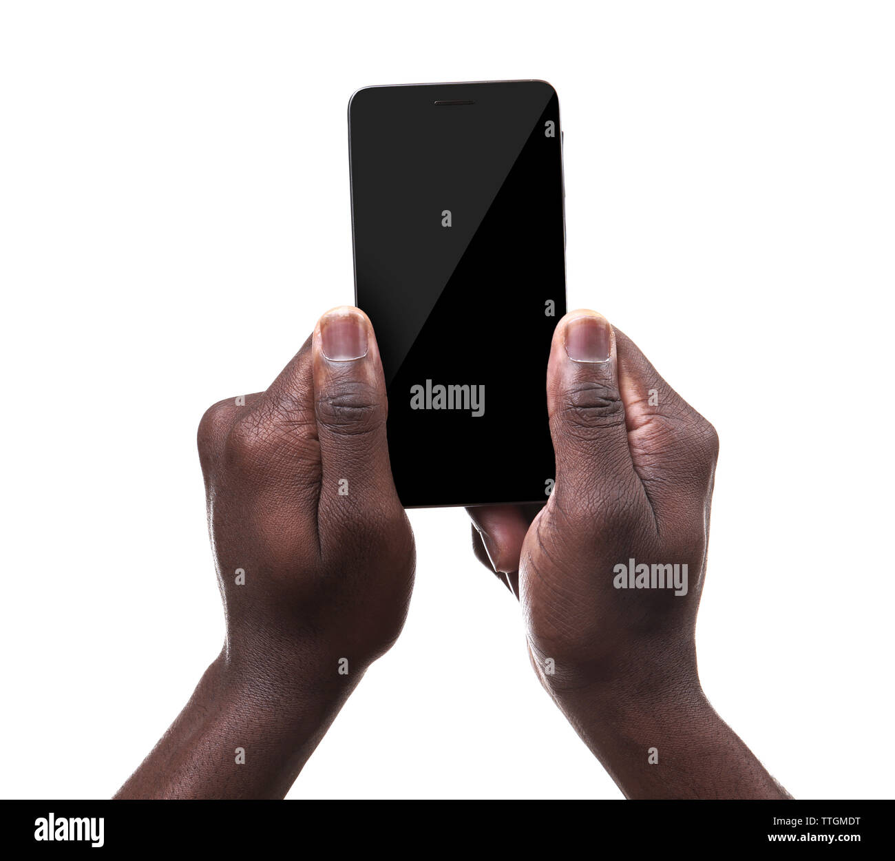 Male hand holding a smartphone isolated on white Stock Photo - Alamy