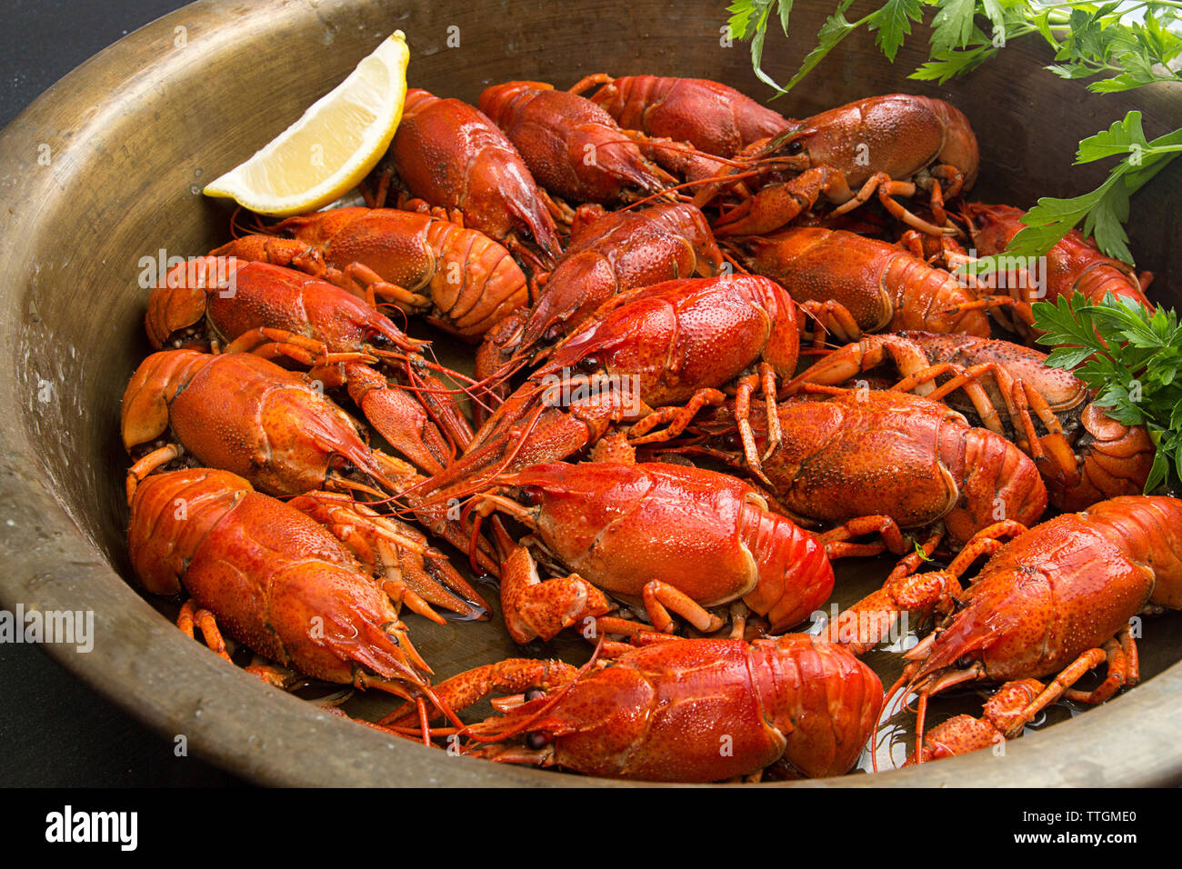 Close-up of boiled crayfish in cooking utensil Stock Photo