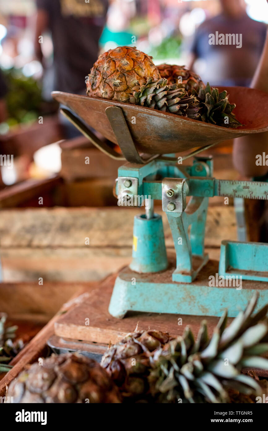 Pineapple on sale in a Fruit and vegetable market. Havana, Cuba. Stock Photo