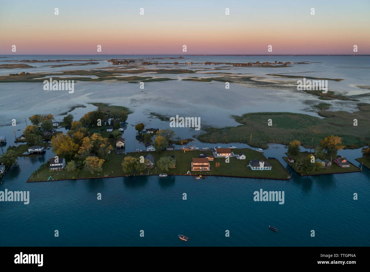 Houses in the wetlands, St. Clair River Estuary, Michigan Stock Photo