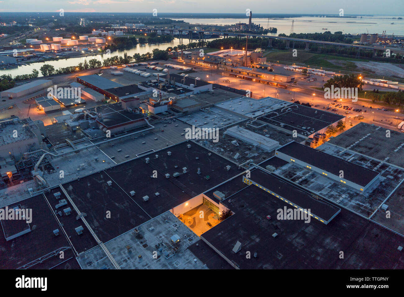 Industrial buildings, Fox River, Green Bay, Wisconsin Stock Photo