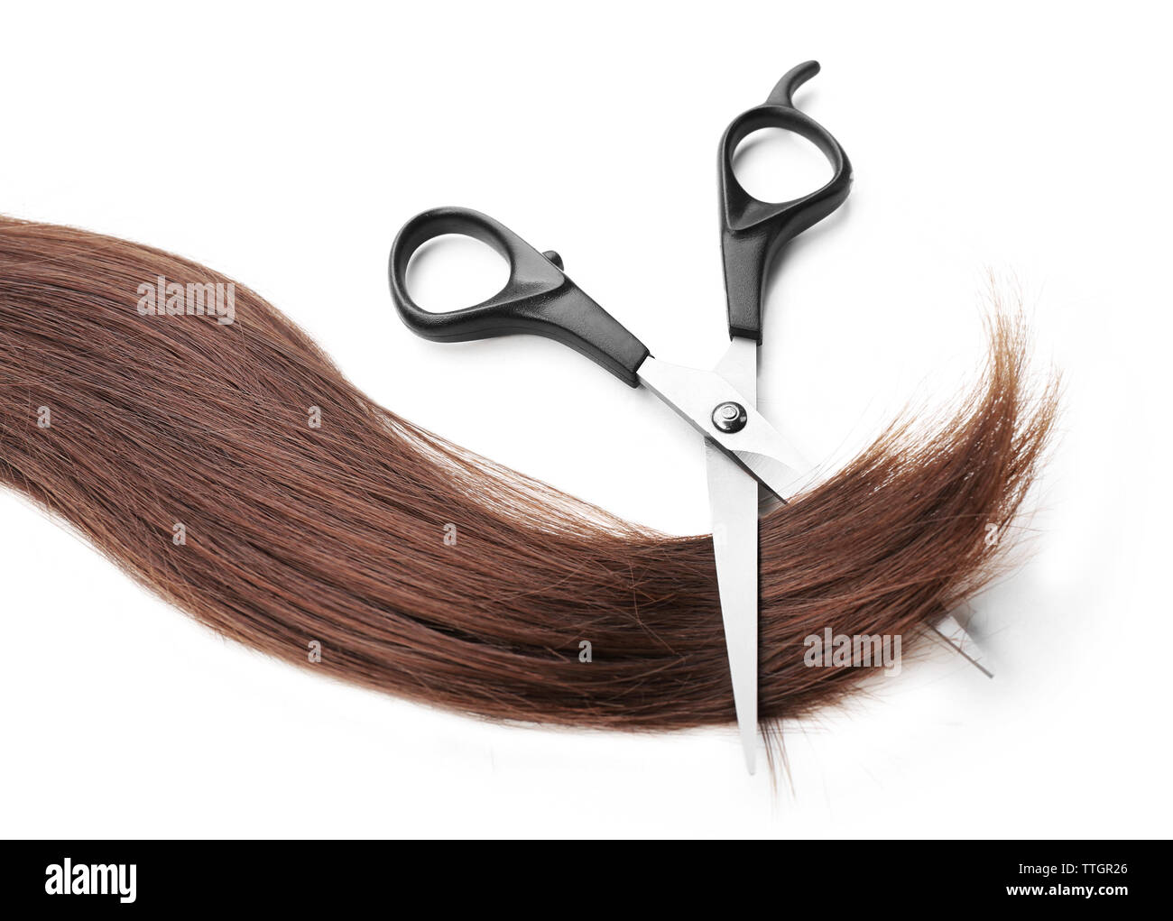 Hairdresser S Scissors With Strand Of Dark Brown Hair Isolated On