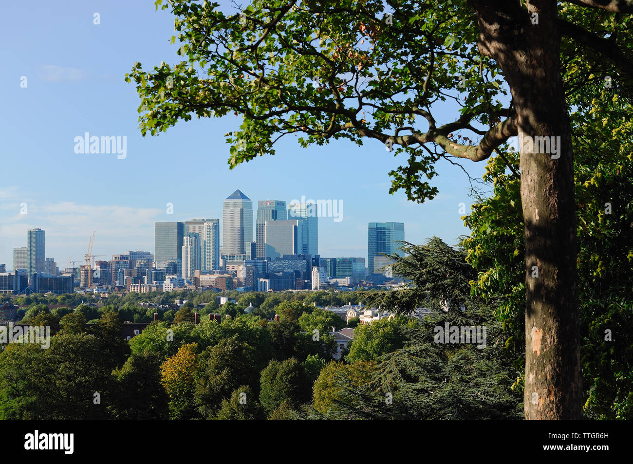 London skyline from Greenwich Park, South East London, England, looking north towards Canary Wharf Stock Photo