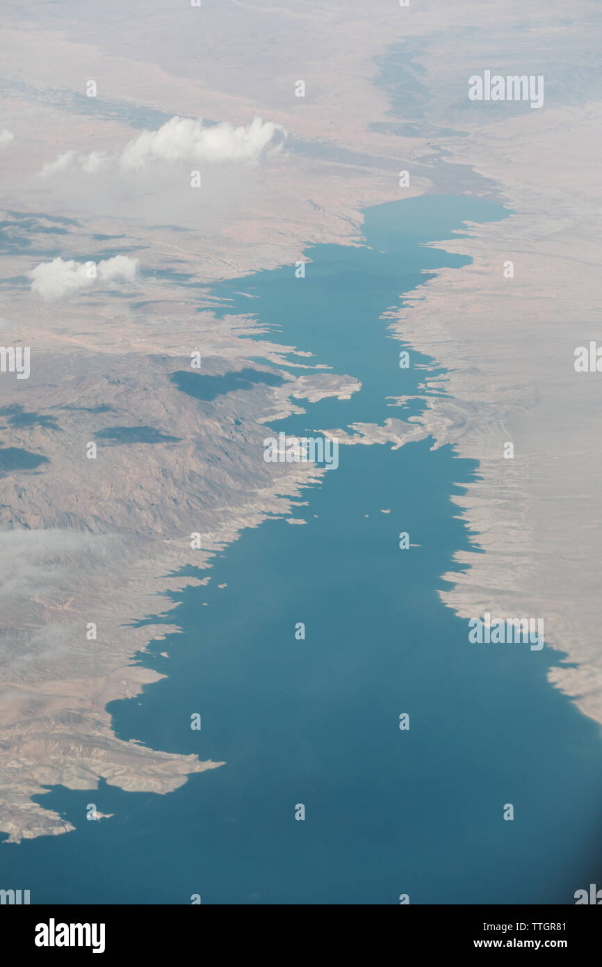 aerial shot of Lake Powell drying up in the desert of utah Stock Photo