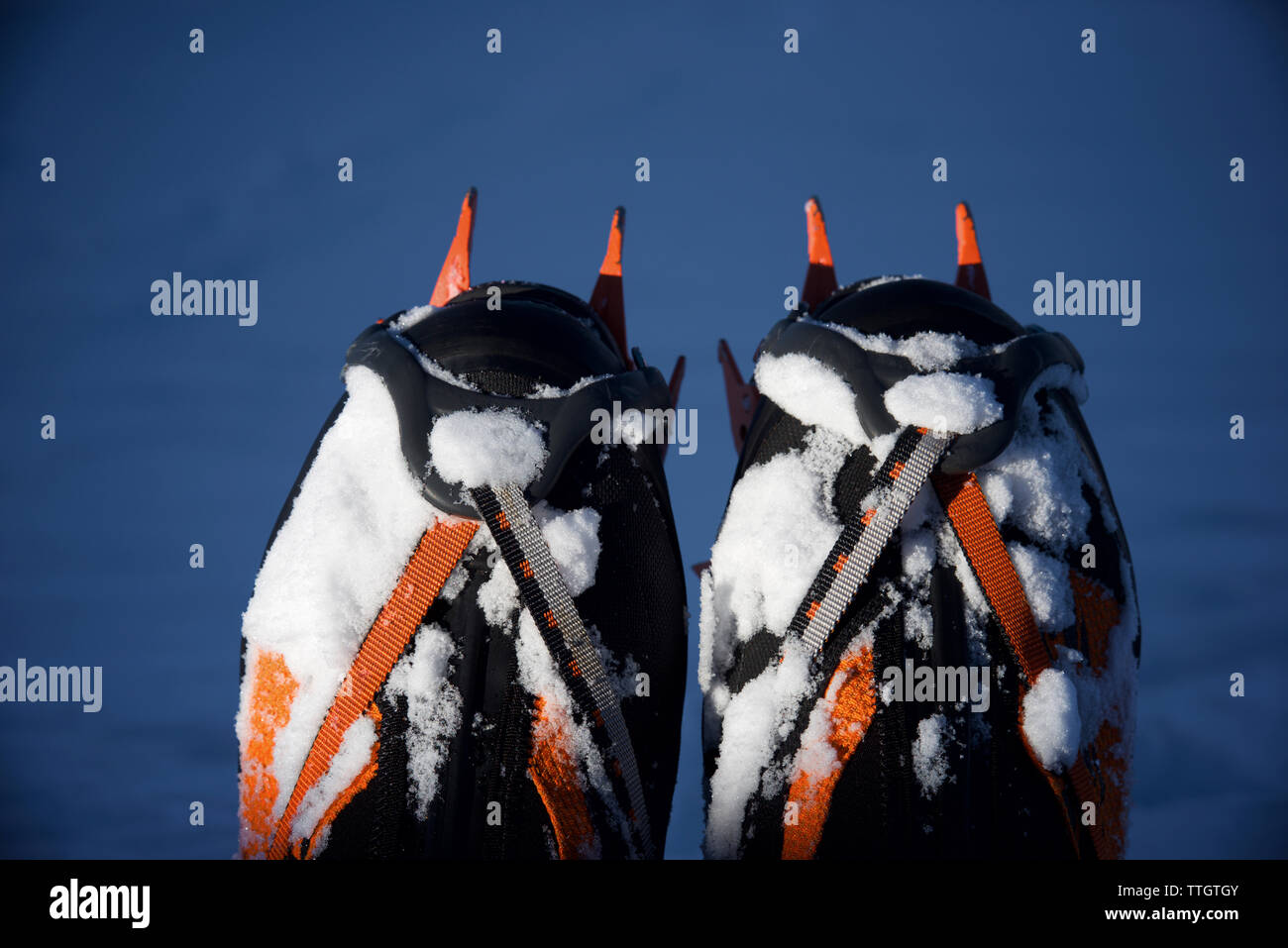 Close-up of crampons placed on the boots during an excursion. Stock Photo