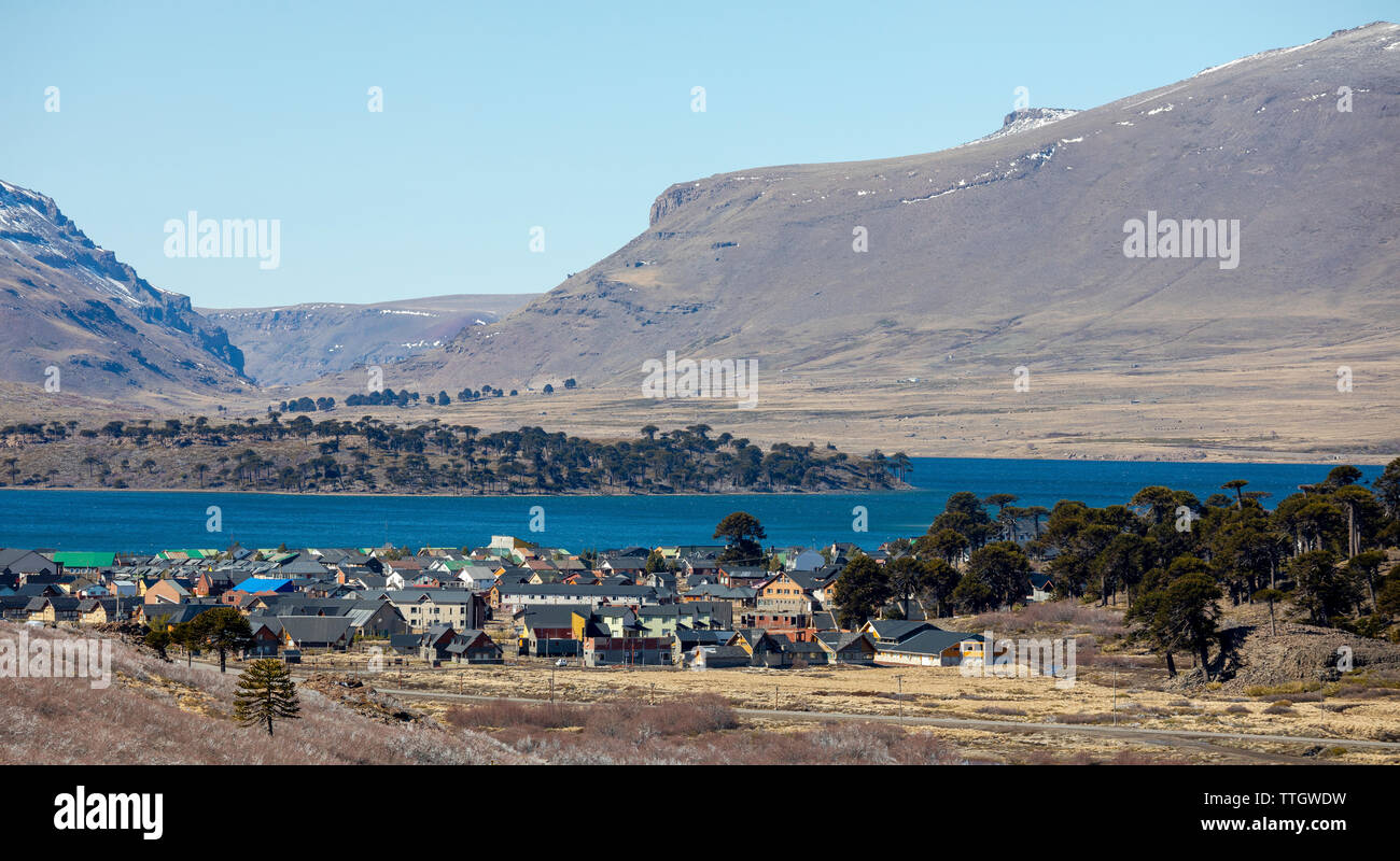 The small town of Caviahue sits by a lake in rural Argentina in winter Stock Photo