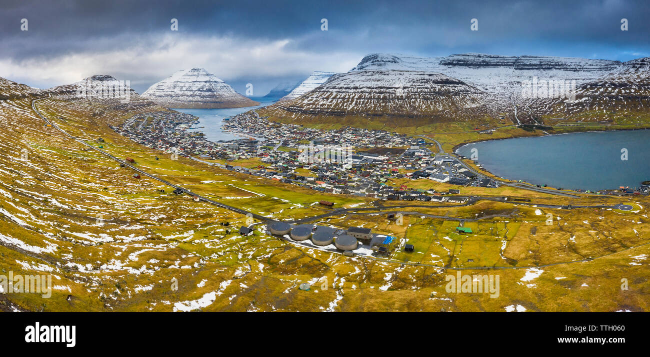Aerial panoramic of Klaksvik, Bordoy, Faroe Islands Stock Photo