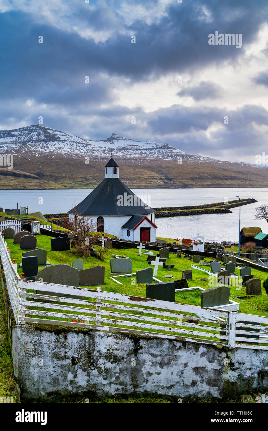 Church and cemetery of Haldarsvik, Streymoy, Faroe Islands Stock Photo